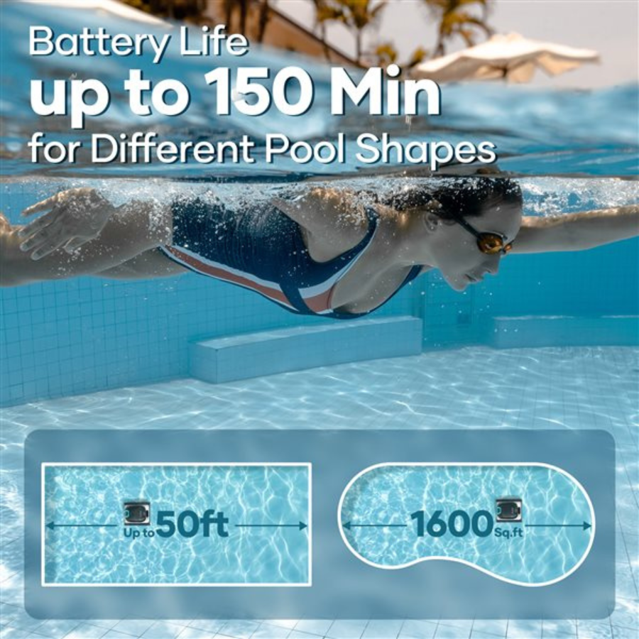 Person swimming underwater with pool dimensions and battery life text overlay for the product