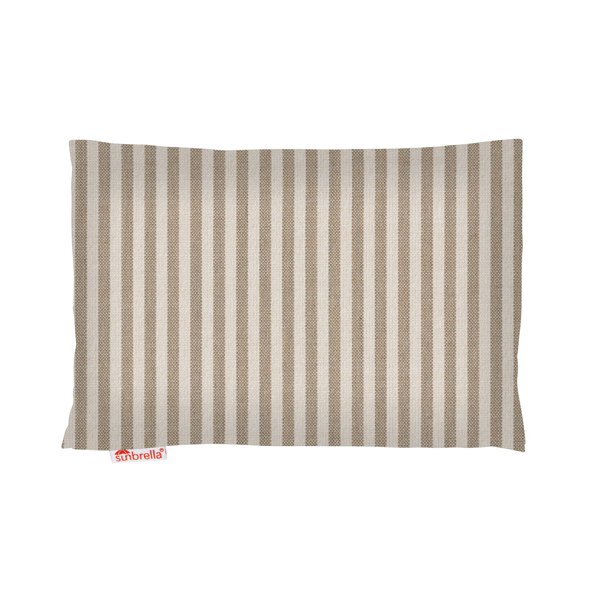 A rectangular headrest pillow with vertical beige and brown stripes, featuring a small red and white 'sunbrella' brand tag on the lower left, set against a plain white background.