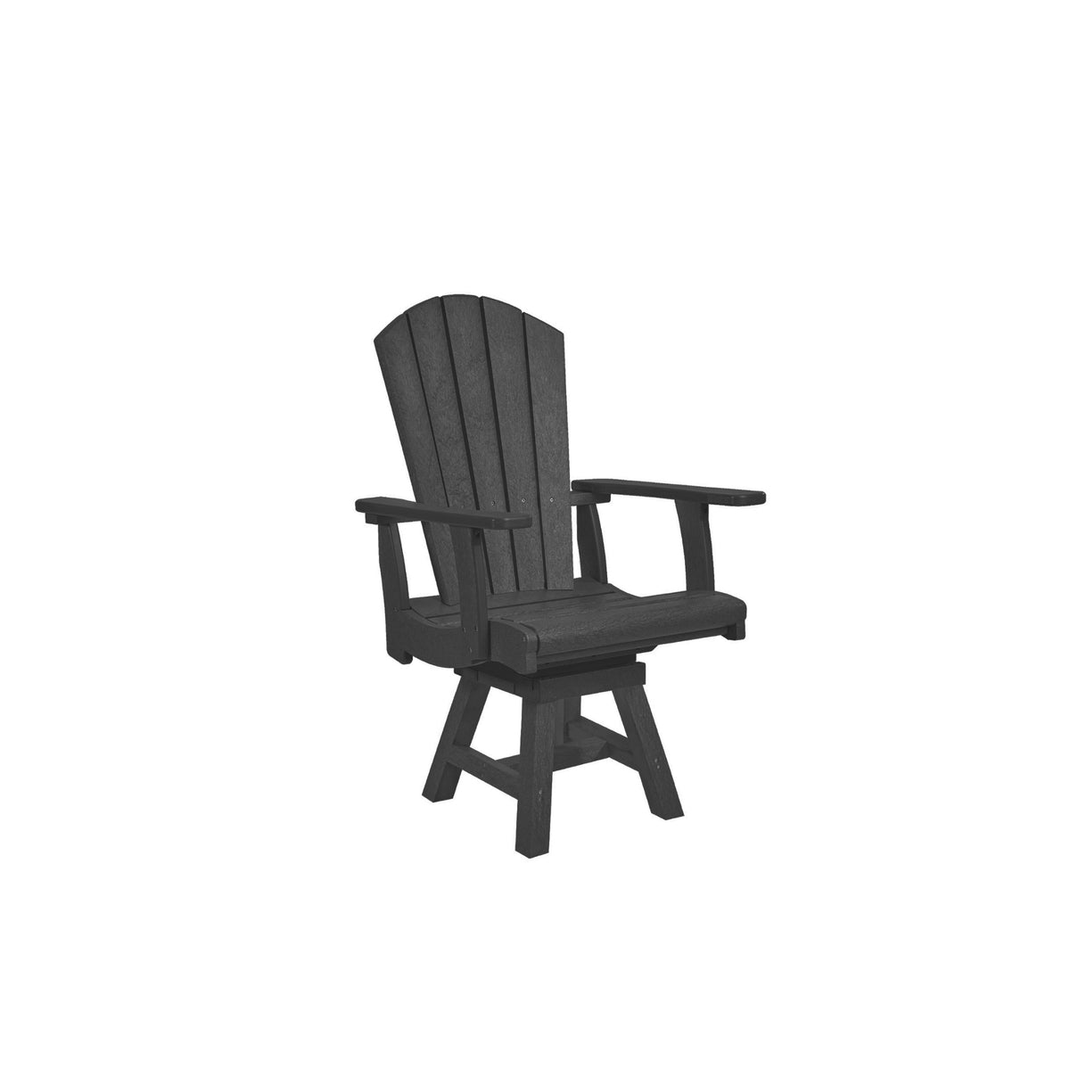 A dark gray outdoor swivel Adirondack chair with a slatted backrest and armrests, shown on a plain white background.