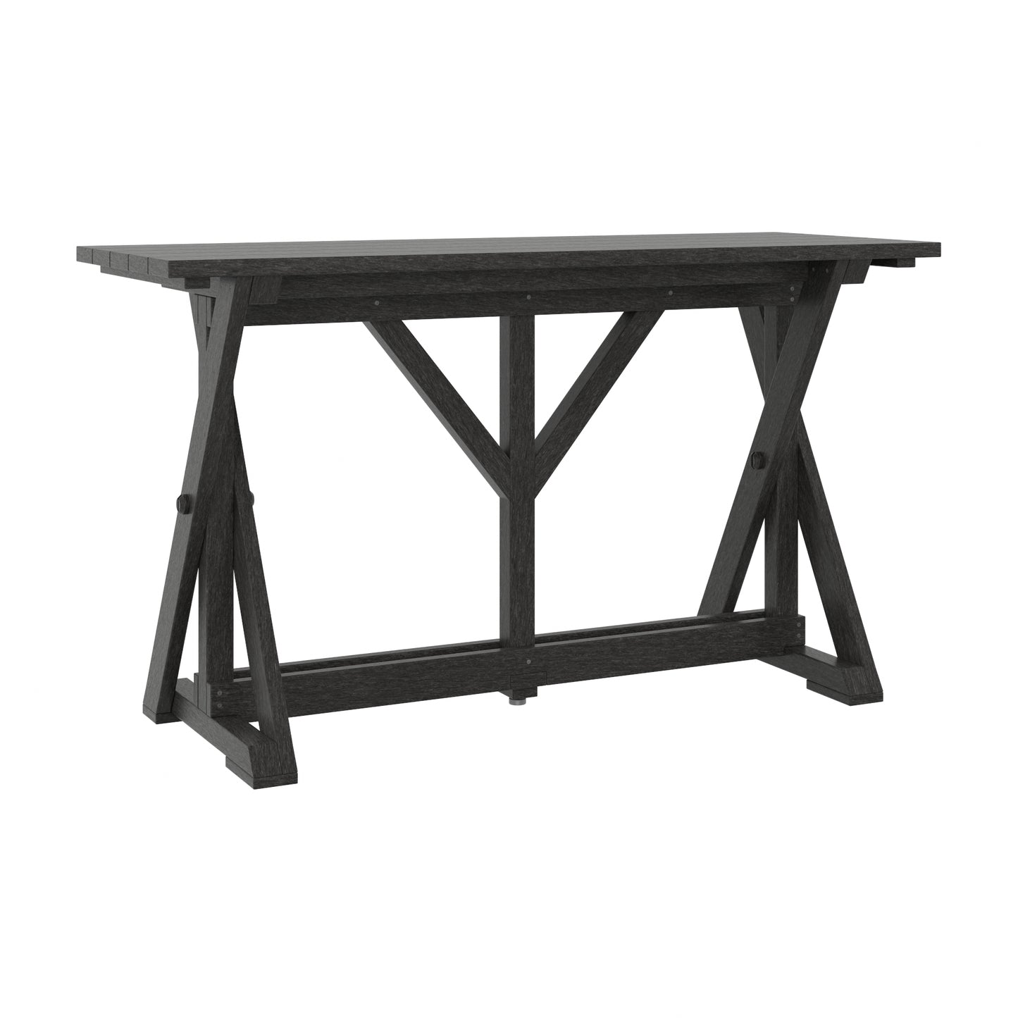 A dark charcoal gray outdoor table with a thick rectangular top and a trestle-style base, shown on a solid white background.