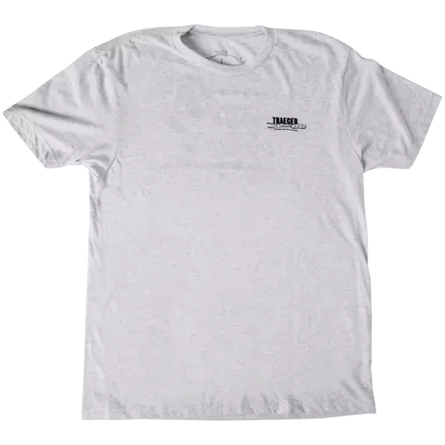 White t-shirt with a small logo on the chest against a white background