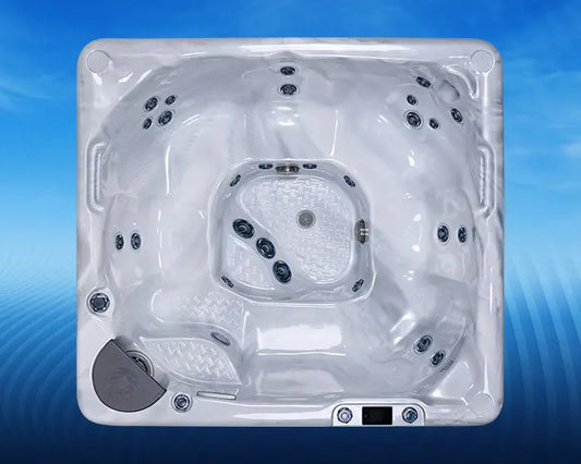 Top view of a hot tub with a blue gradient background