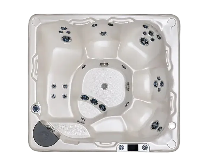 Top view of a hot tub with multiple jets