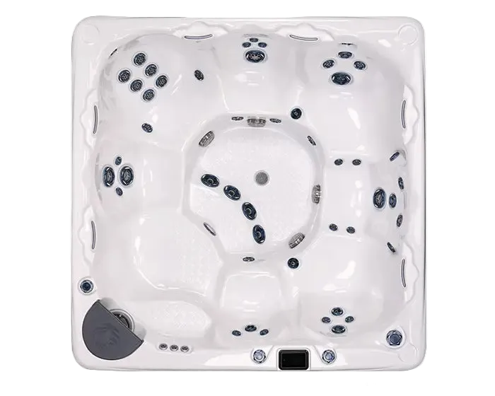Top view of a hot tub with visible jets and seating arrangement