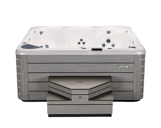 Hot tub with a gray exterior and white interior