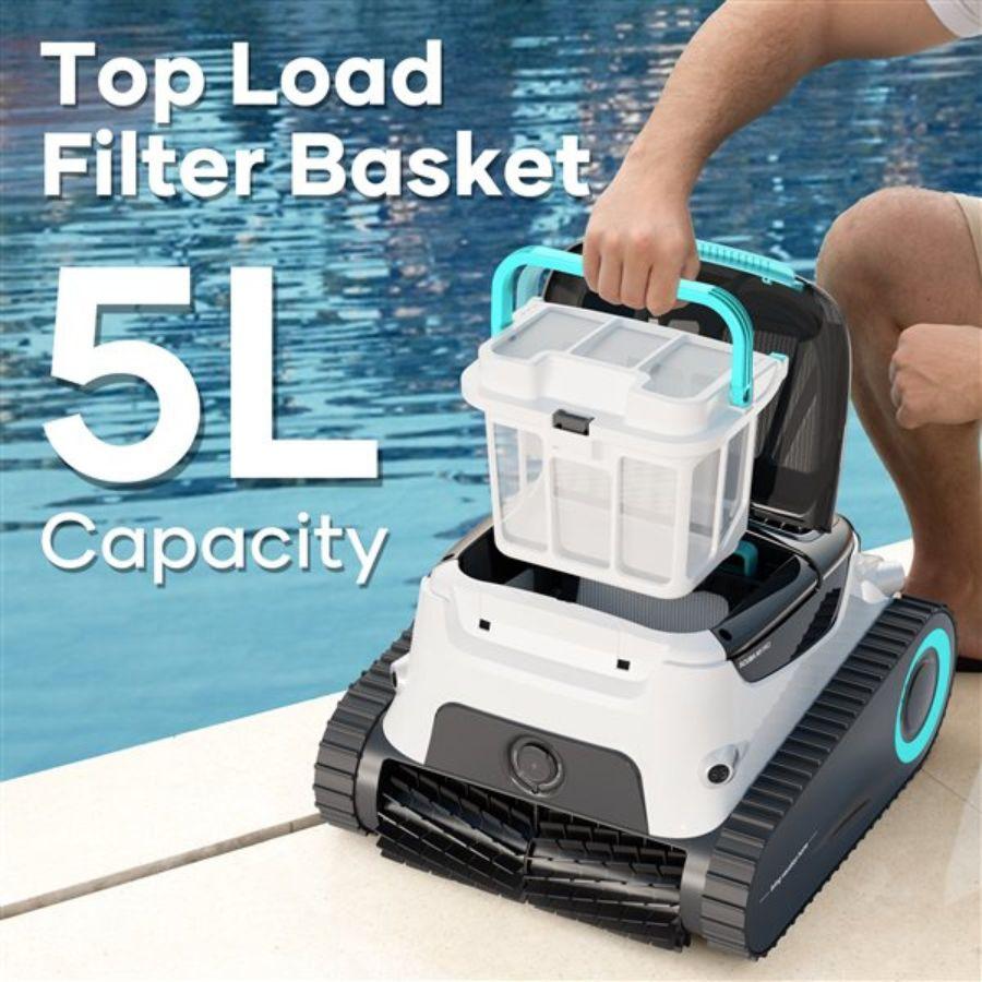 Pool cleaning robot with filter basket capacity labeled by a poolside.