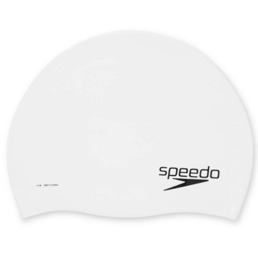 White silicone swim cap with speedo logo on white background