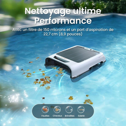 Pool cleaning robot in action with text about performance and specifications.