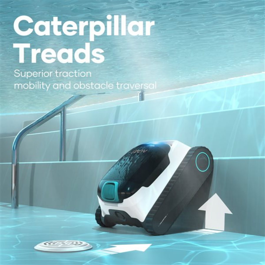 Robotic device with Caterpillar Treads on a pool floor, showcasing traction and mobility features.