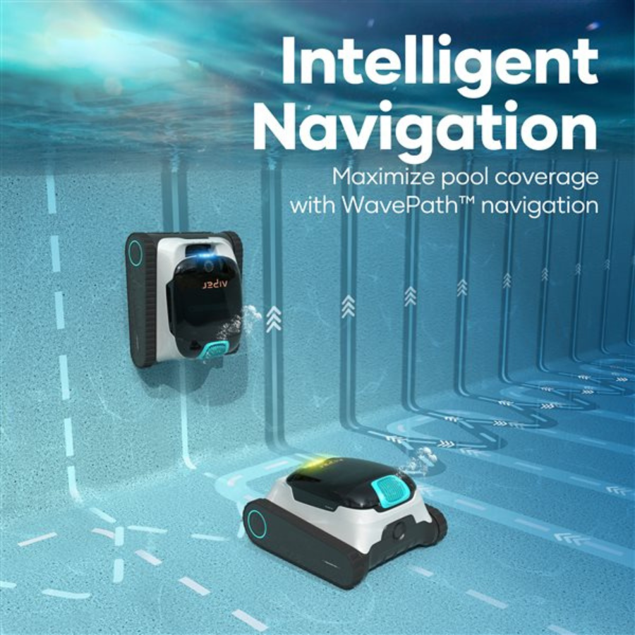 Robotic pool cleaner with 'Intelligent Navigation' text in a pool setting