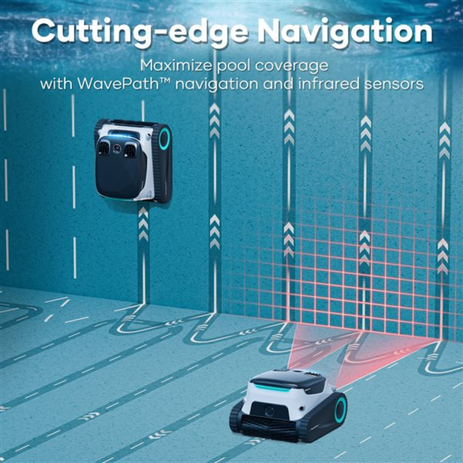 Robotic pool cleaner with WavePath navigation system in a pool