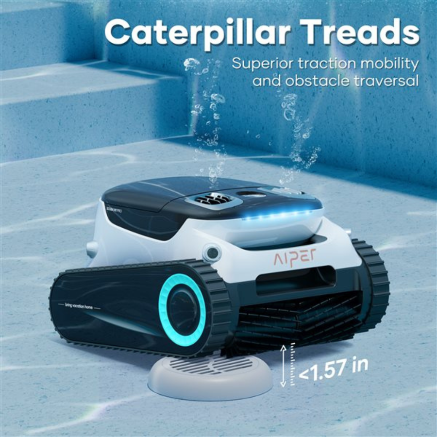 Robotic pool cleaner with Caterpillar treads on a blue background