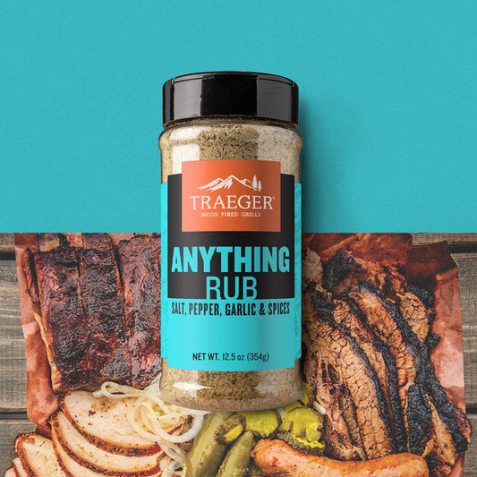 Traeger Anything Rub seasoning jar with barbecue images on a teal background