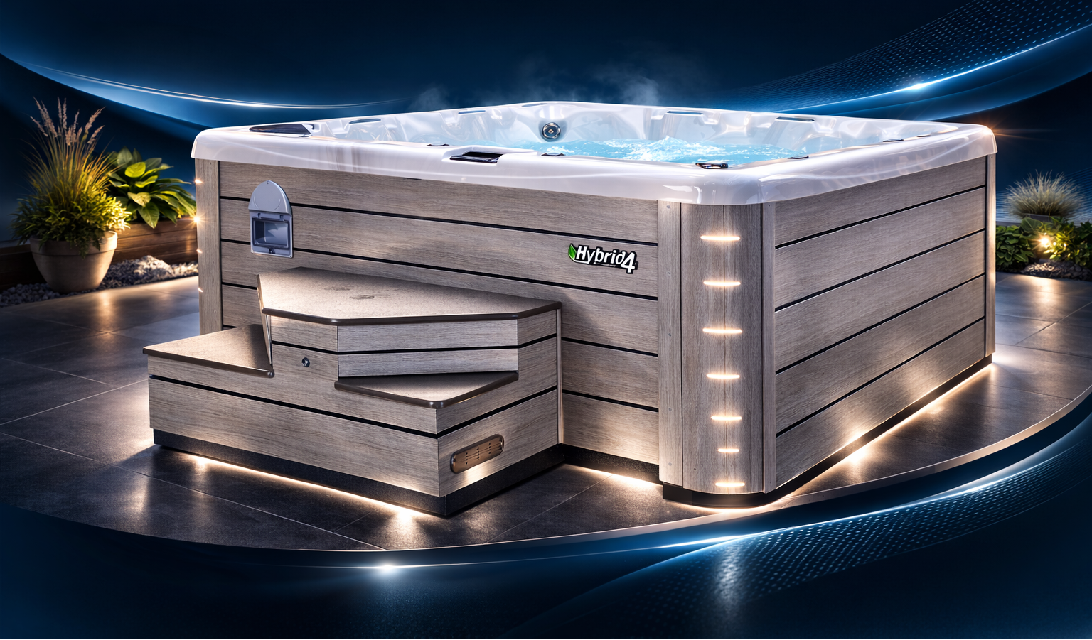 A beachcomber Tub on the garden patio with lighting