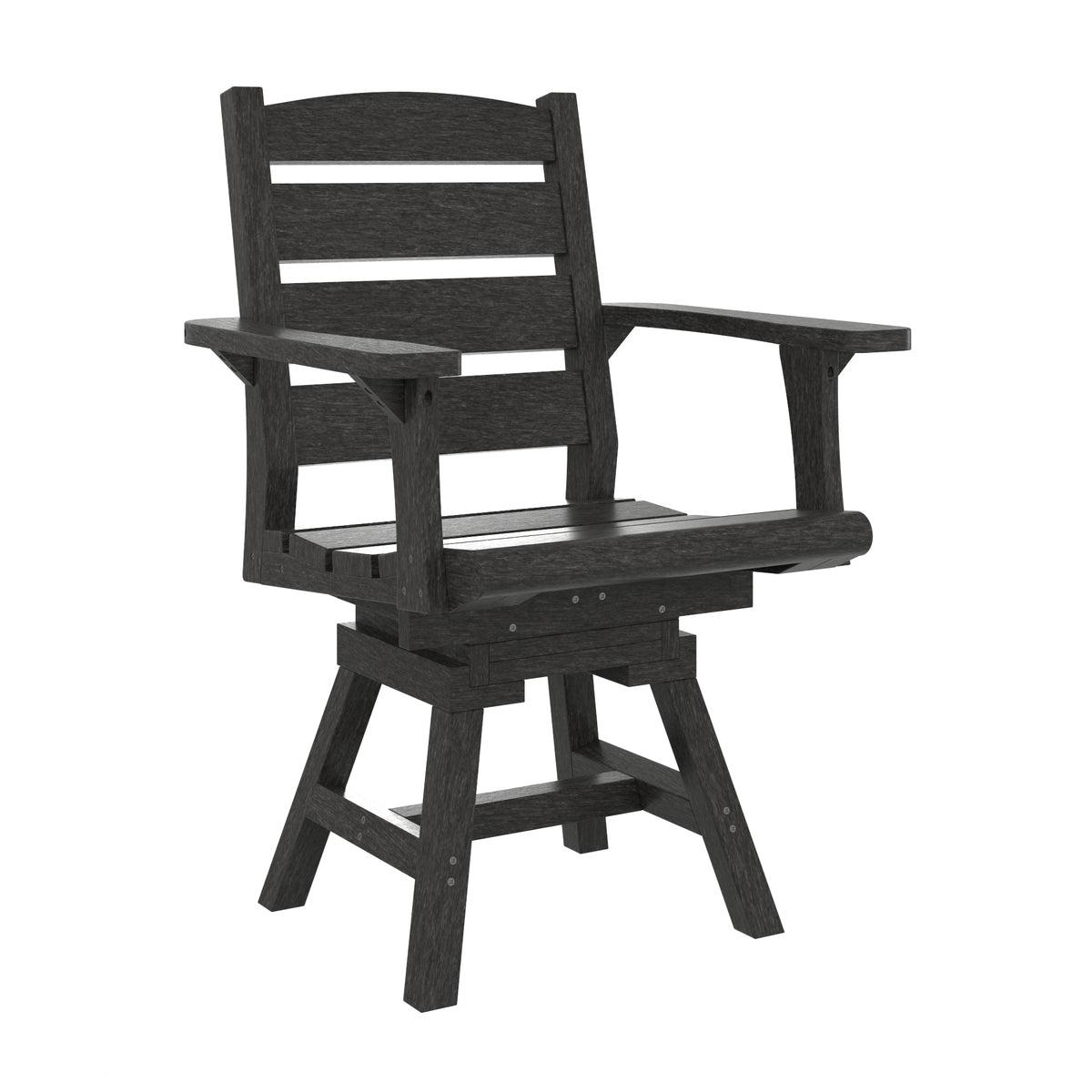 A dark brown swivel armchair with a slatted backrest and armrests, shown from a three-quarter angle on a solid white background.