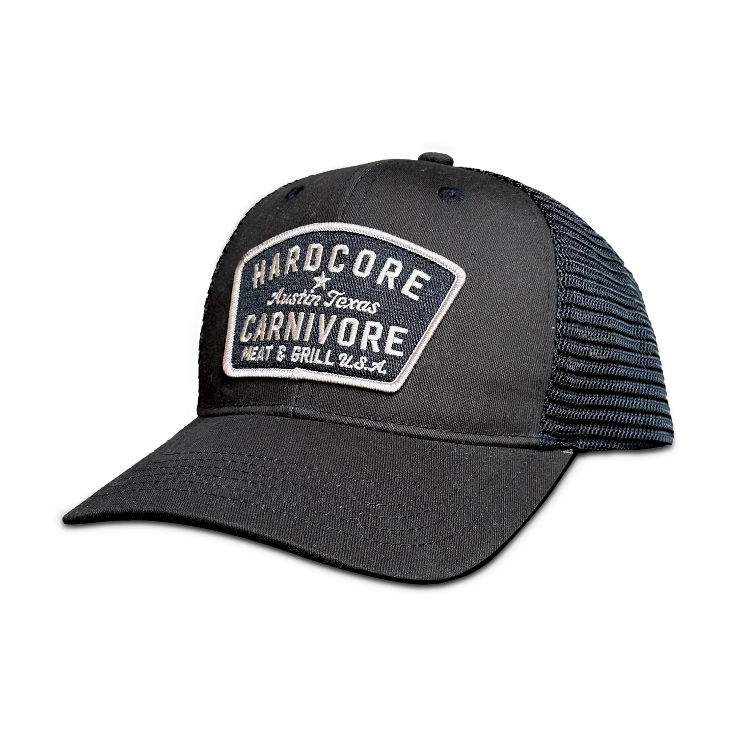 Black mesh cap with Hardcore Carnivore logo on a white background