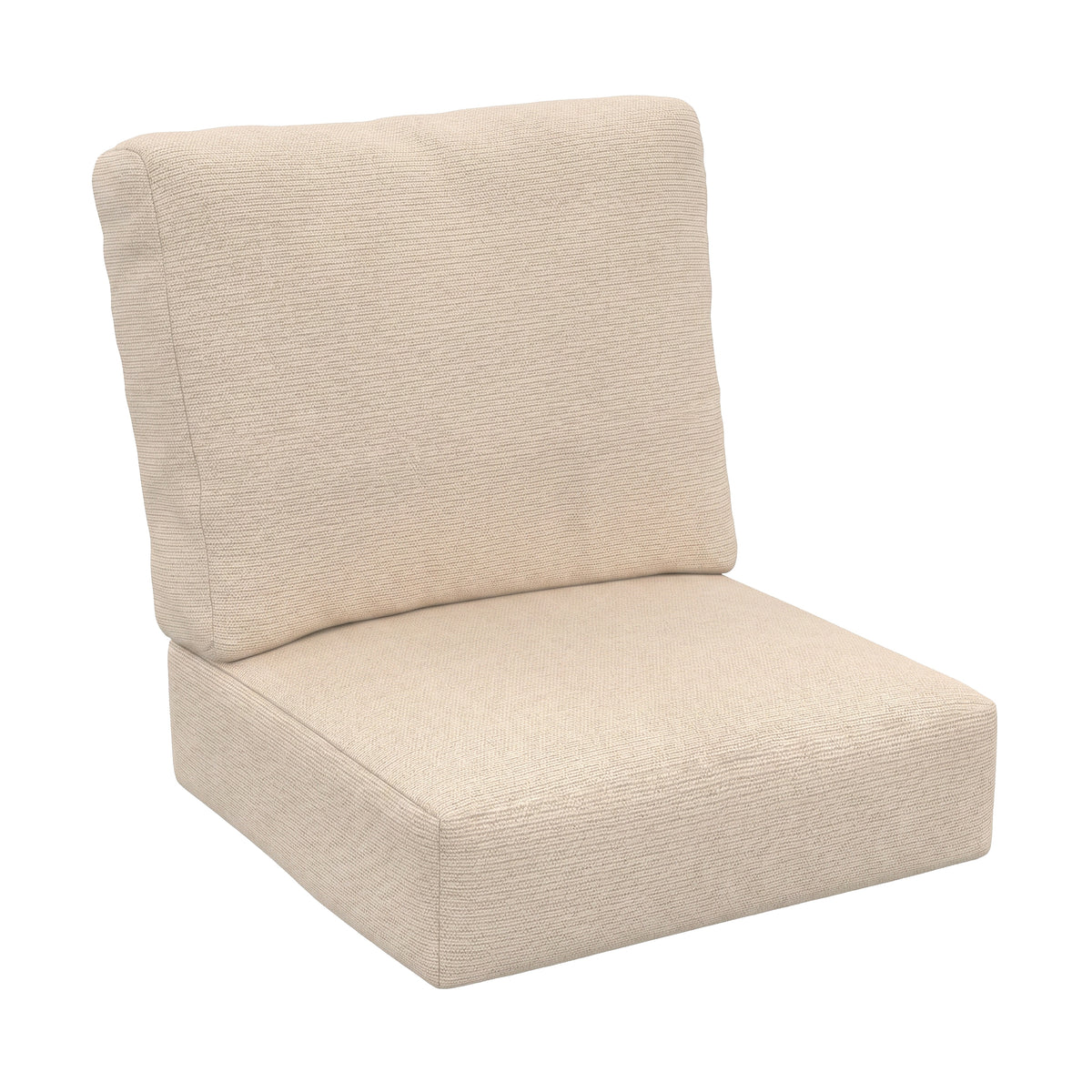 A single upholstered outdoor chair cushion set with a square seat cushion and a tall rectangular back cushion, shown on a plain white background.