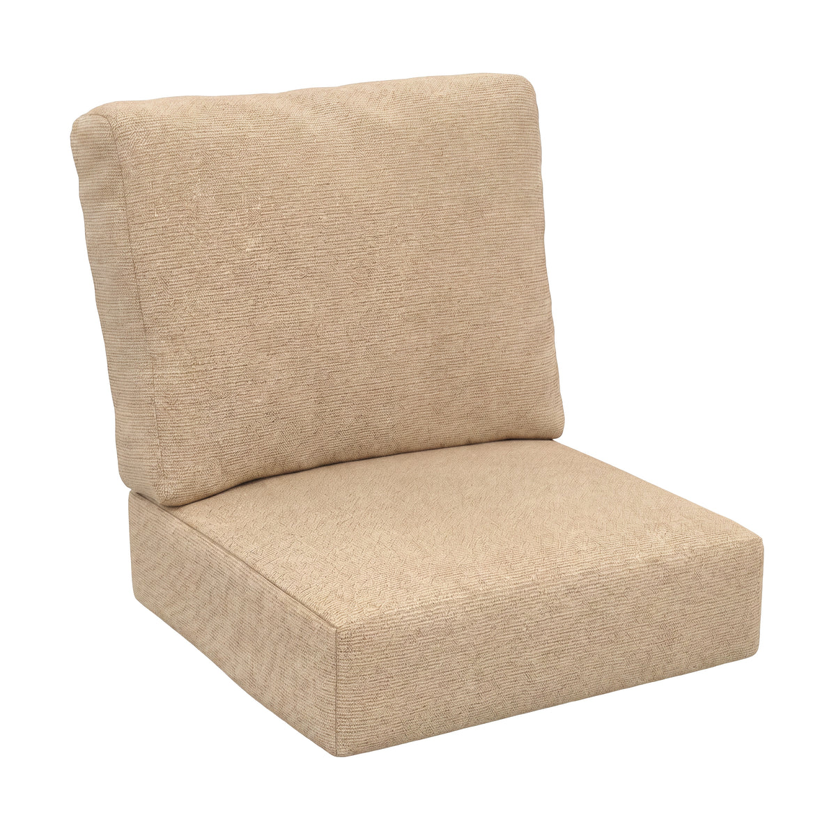 Beige textured outdoor patio chair cushion set with a square backrest and a thick seat cushion, isolated on a white background.