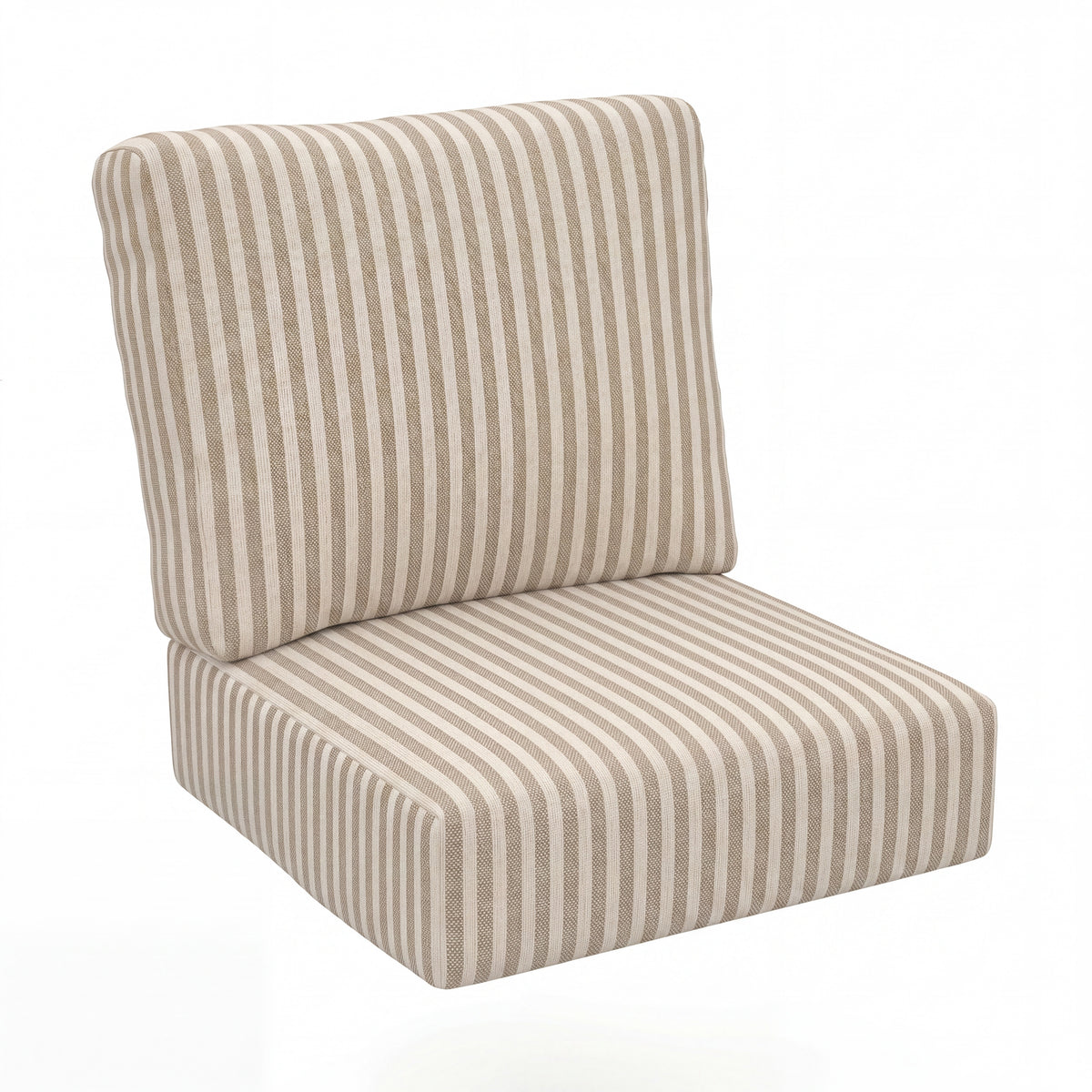 Striped outdoor patio chair cushion set with a square seat cushion and a tall back vertical stripe pattern, shown on a white background.