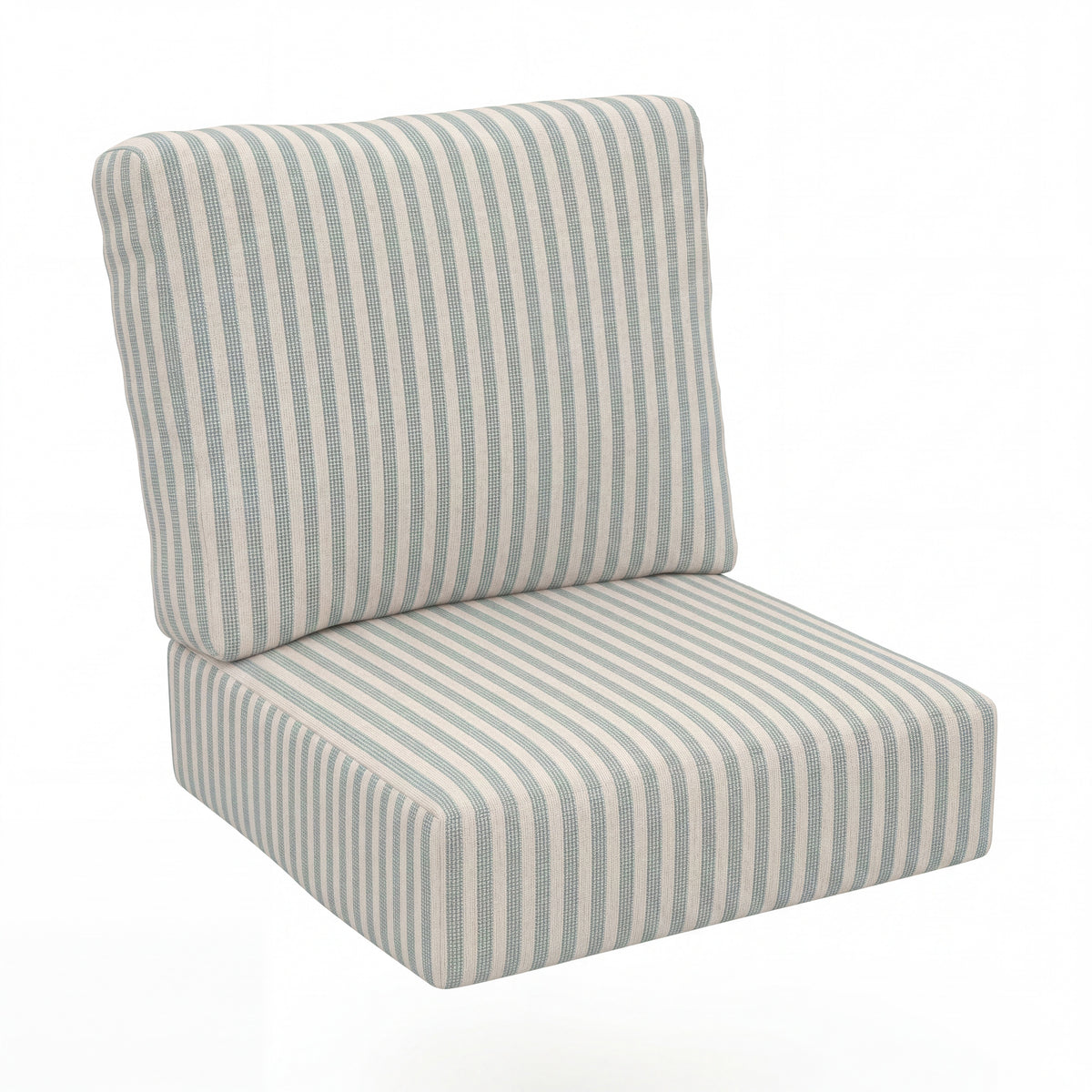 Striped outdoor patio chair cushion set with a square seat cushion and a tall back cushion in a light blue and cream vertical stripe pattern, shown on a white background.