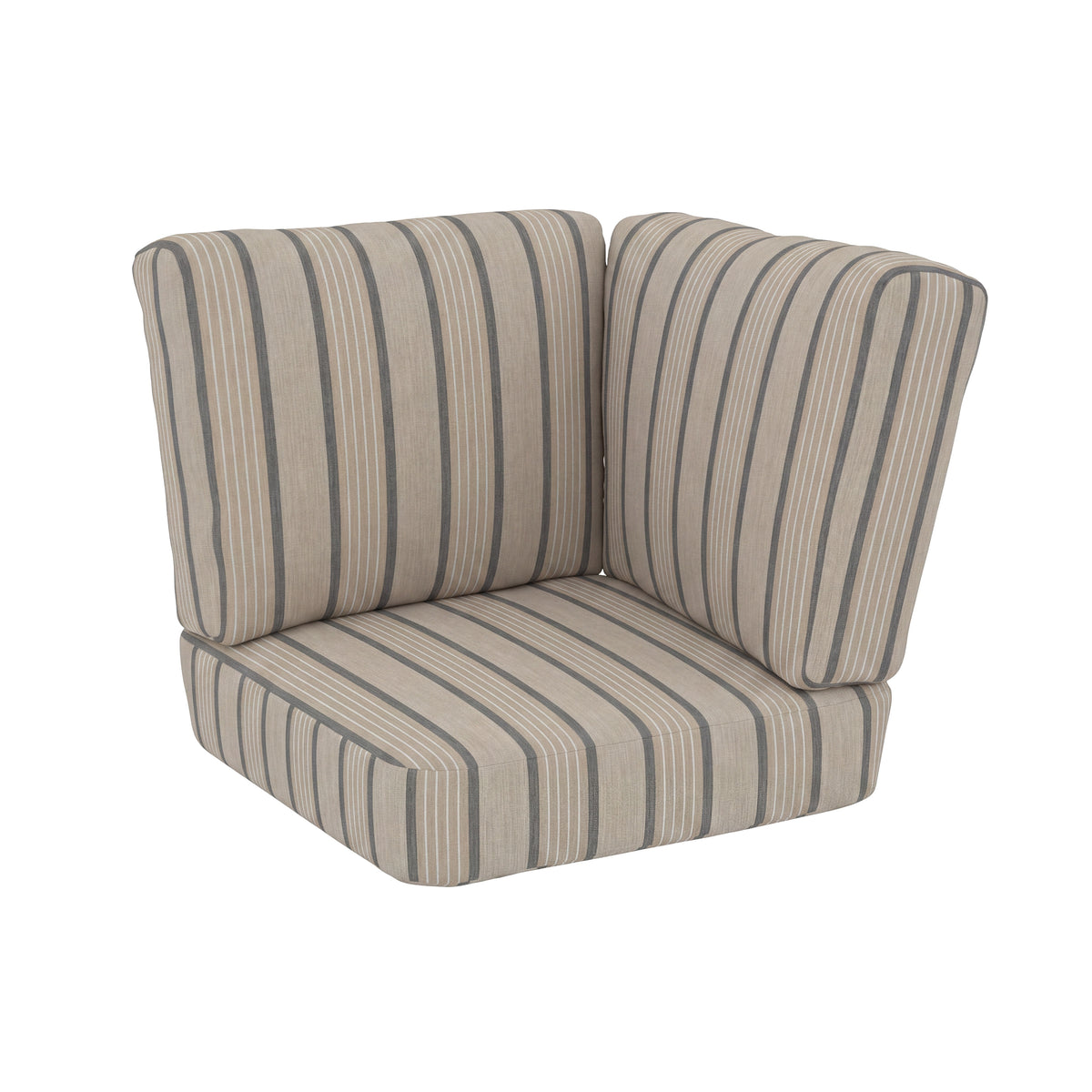 Striped corner sectional sofa cushion set with beige, gray, and white vertical stripes, shown on a solid white background.