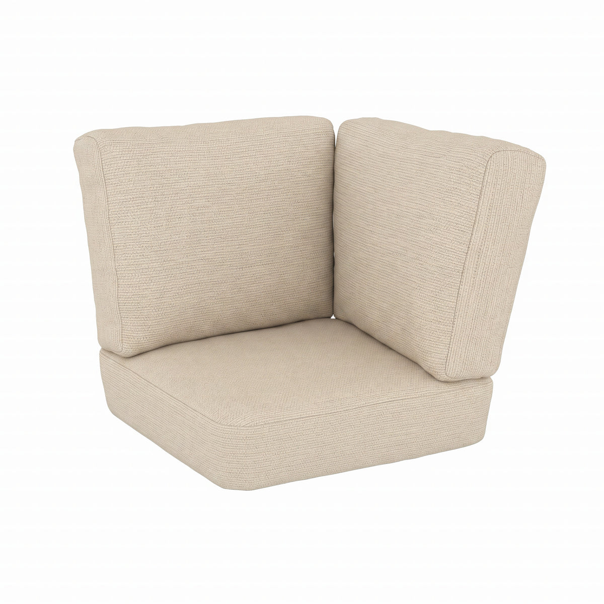 Beige textured outdoor corner chair cushion set with two back cushions and one seat cushion, shown on a white background.