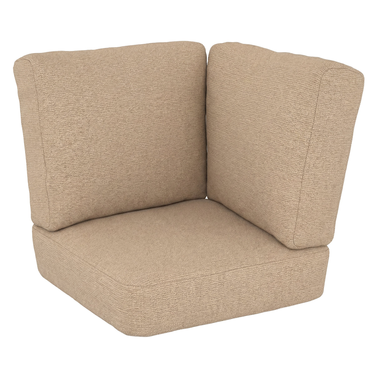 A two-piece corner sectional chair cushion set with a textured beige fabric, featuring a thick seat cushion and two matching back cushions, shown on a solid white background.