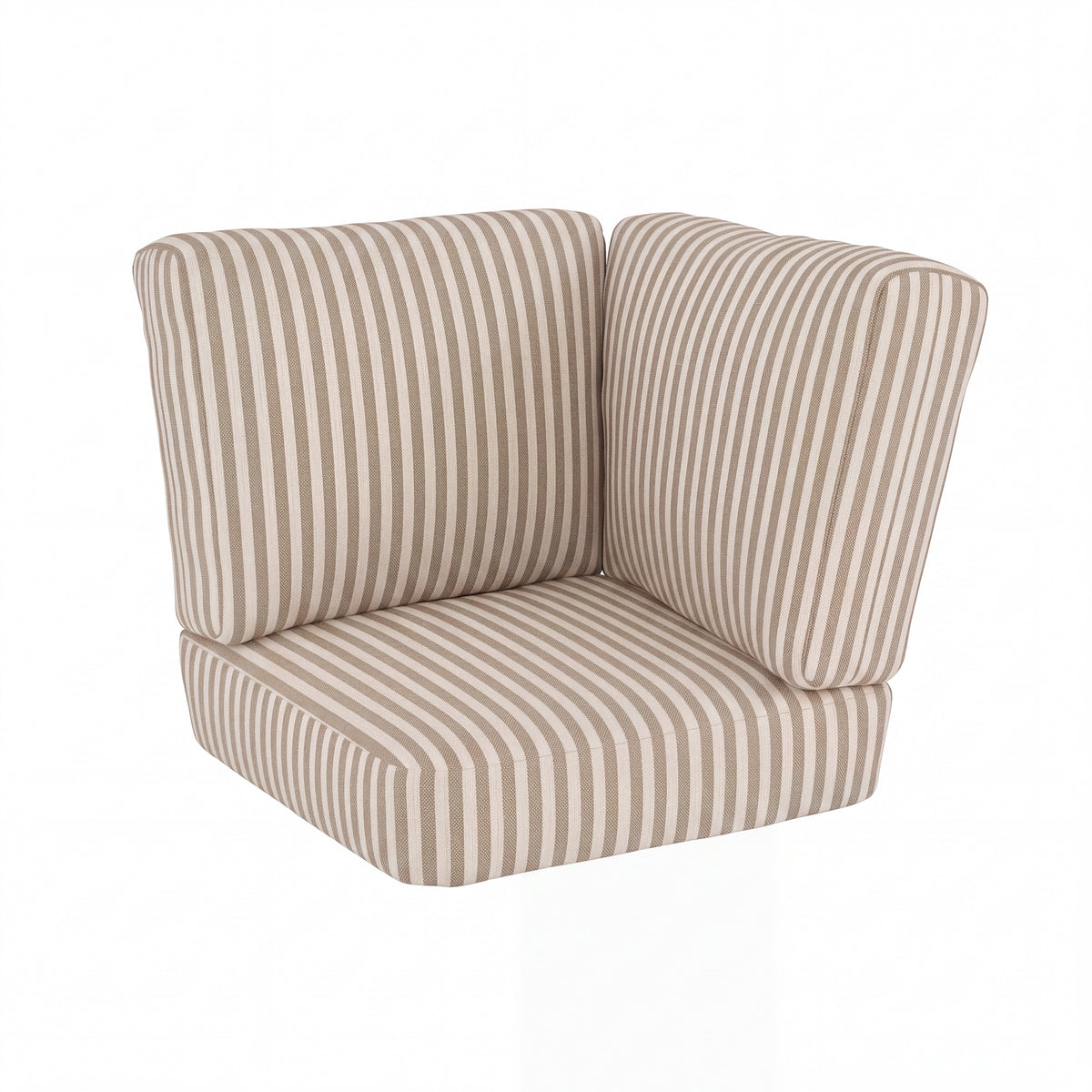 A two-piece outdoor corner sectional cushion set with beige and white vertical stripes, shown on a clean white background.