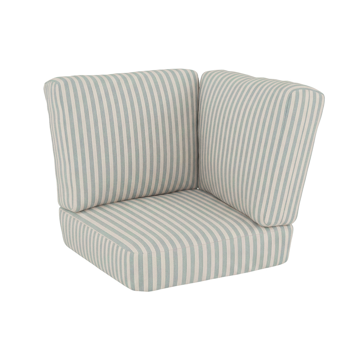 A corner sectional sofa cushion set with a striped fabric in sage green and cream, shown on a solid white background.