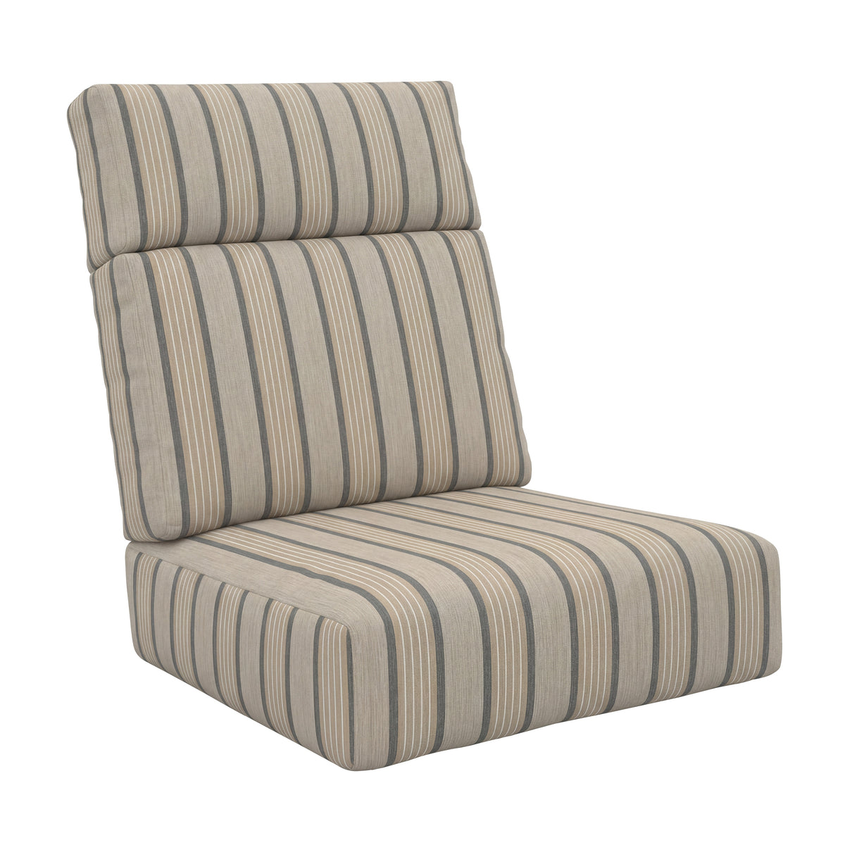 A high-back lounge chair cushion with a striped fabric upholstery in beige, gray, and brown tones, isolated on a white background.