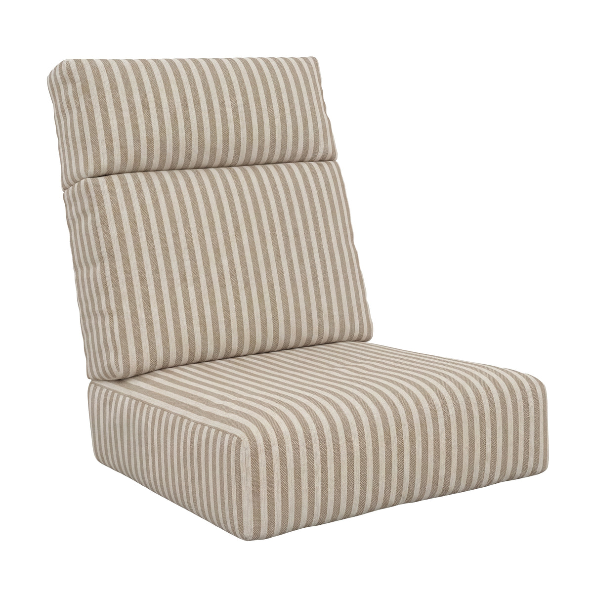 A high back lounge chair cushion with a striped fabric upholstery in beige and off-white, shown on a solid white background.