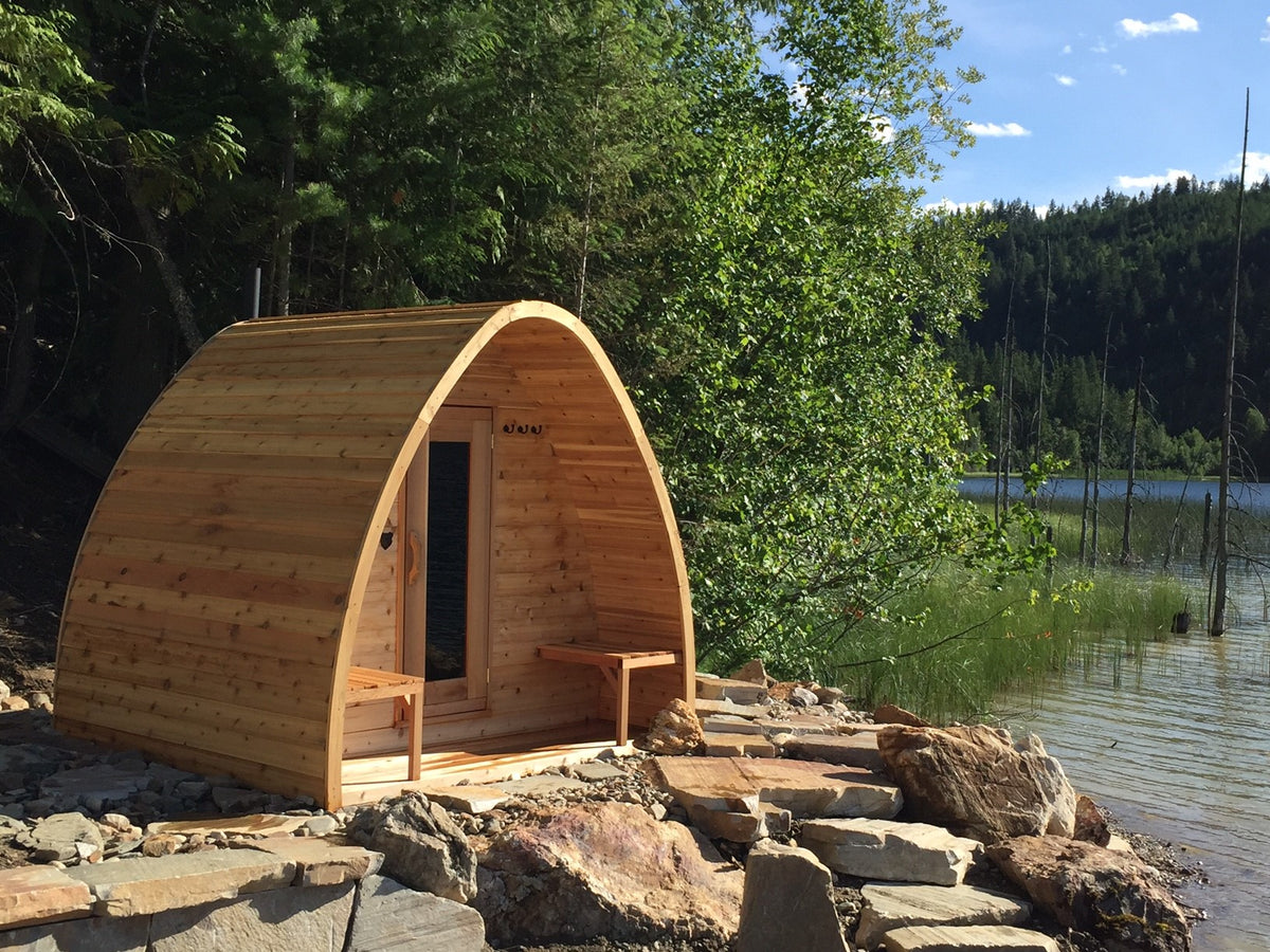 Leisurecraft pod style outdoor sauna cedar exterior