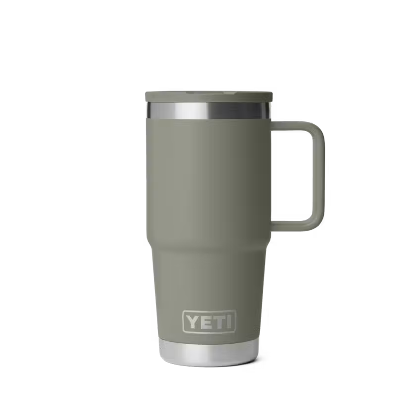 A YETI travel mug in a matte sage green color, handle, and base, shown on a plain white background.