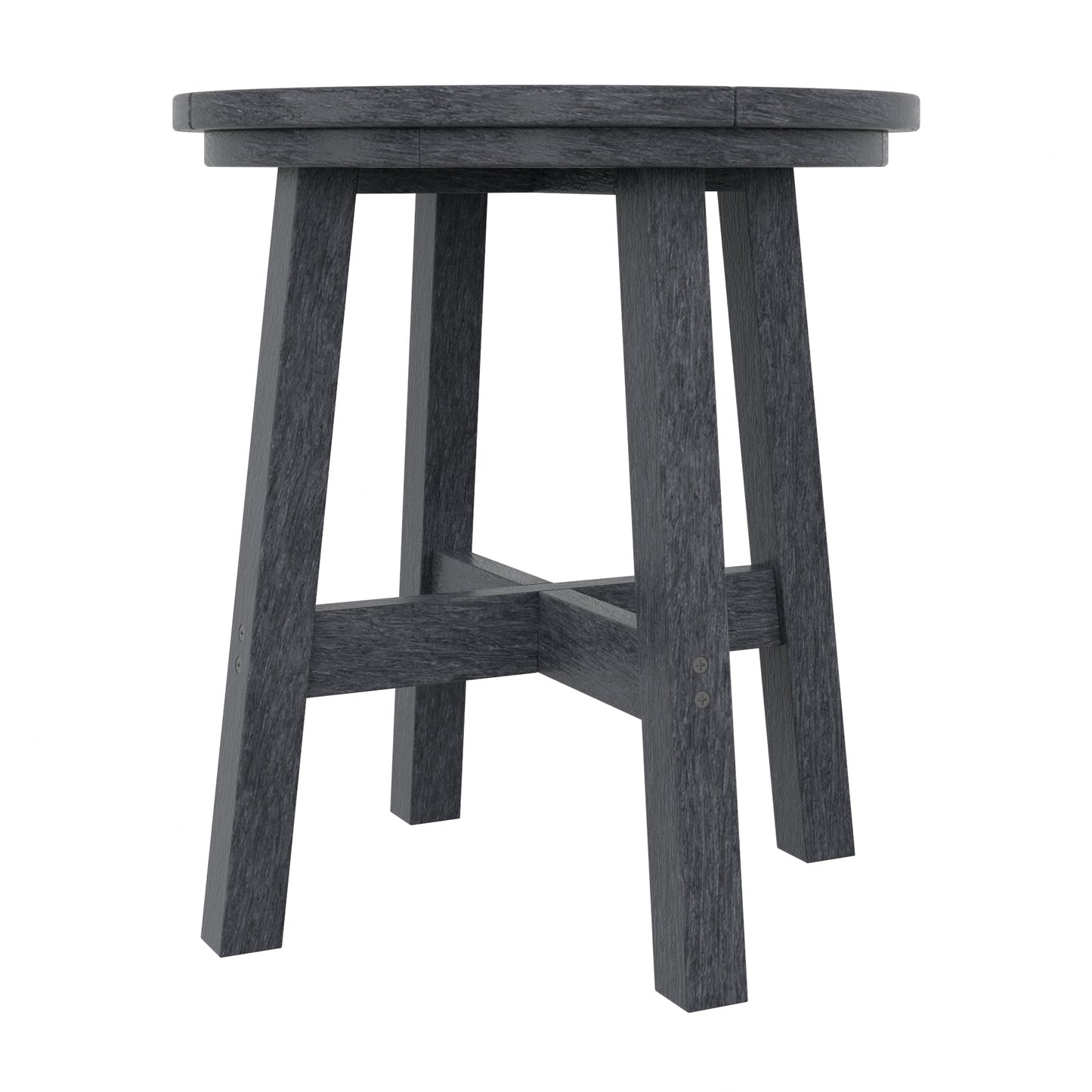 A dark gray round table, four angled legs, and a central crossbar, shown on a plain white background.
