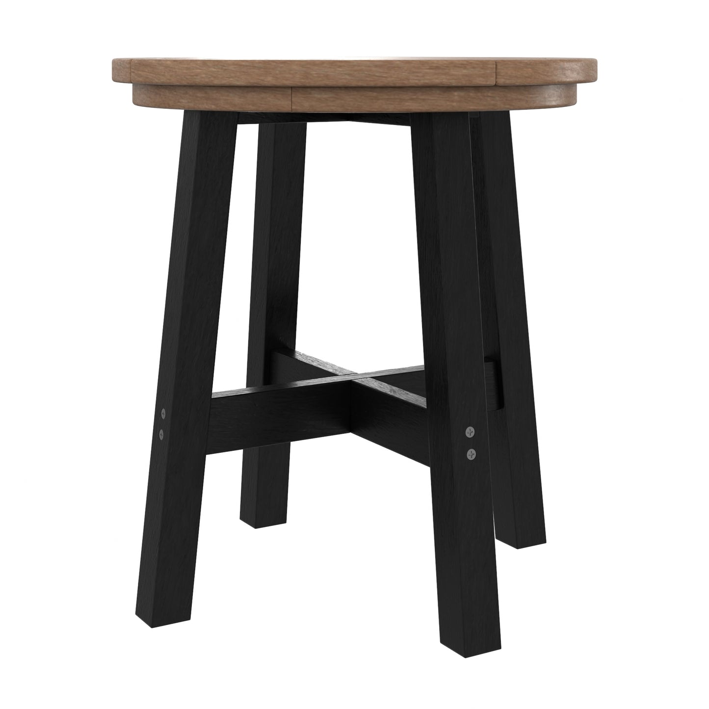 A rustic round table and four black legs connected by a crossbar, shown on a solid white background.
