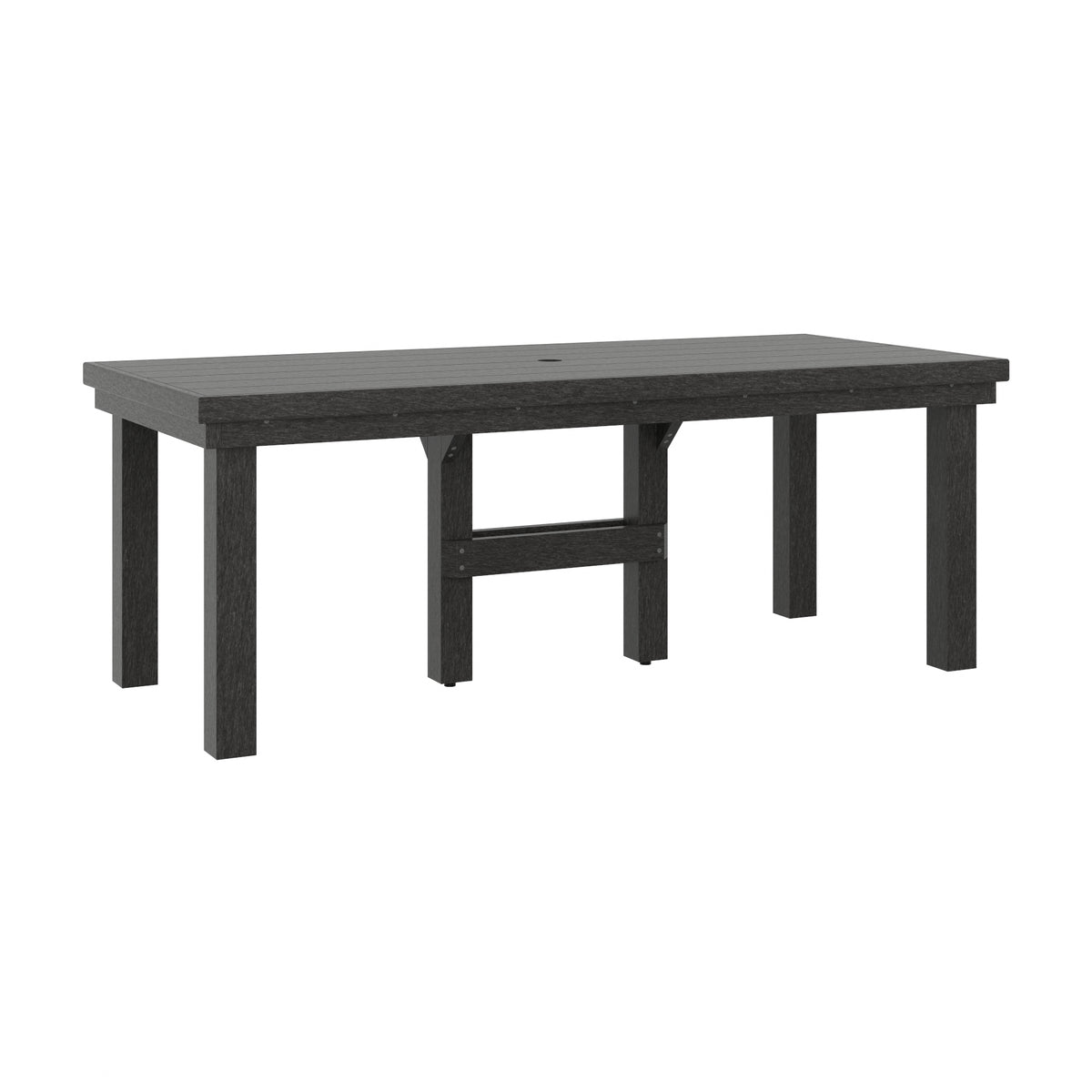 A rectangular outdoor dining table, featuring a thick top, four sturdy legs, and a central support beam, shown on a solid white background.