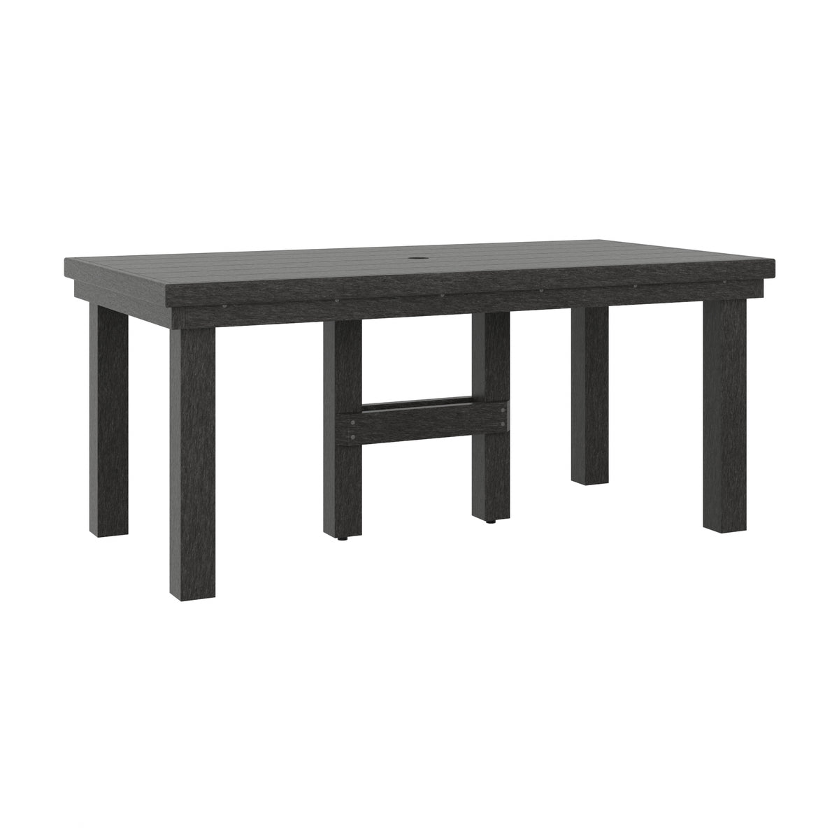 A rectangular outdoor dining table with a dark charcoal gray composite wood finish, featuring four legs and a central support beam, shown on a plain white background.