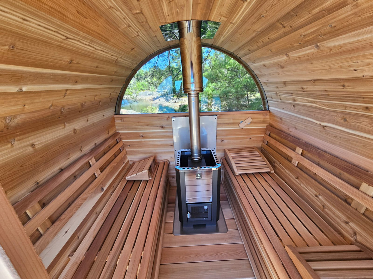 Wood burning backyard sauna with stainless steel chimney
