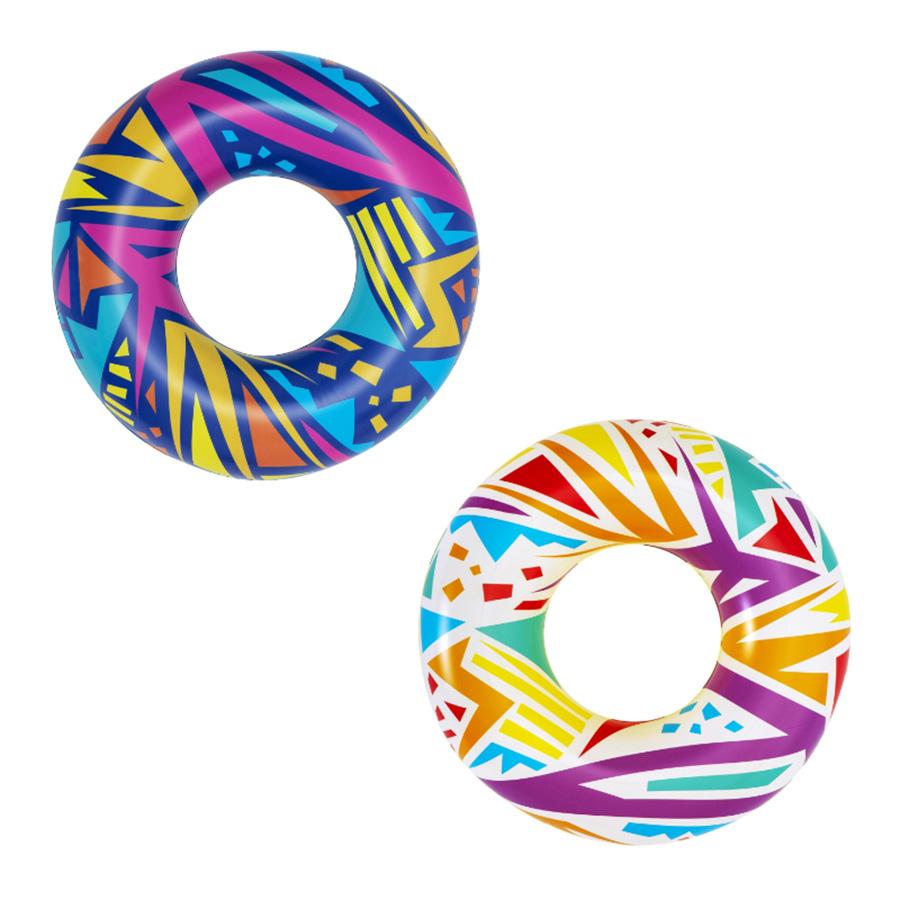 Two colorful inflatable rings with geometric patterns on a white background