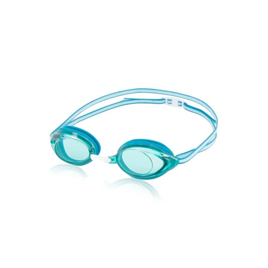 Blue womens swim goggles on a white background