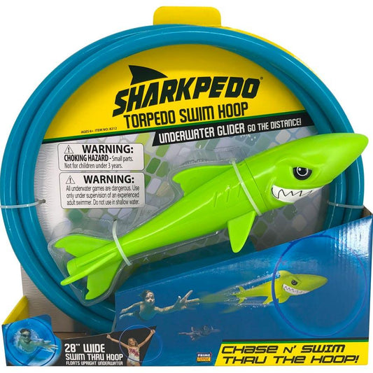 Sharkpedo Torpedo Swim Hoop toy packaging with green shark-shaped swim hoop and blue hoop.