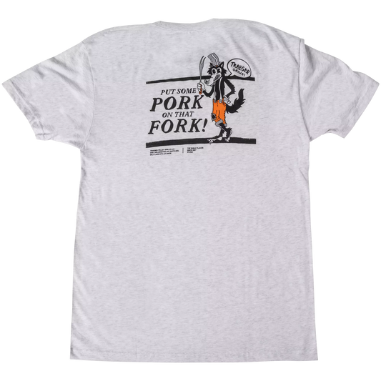 White t-shirt with a graphic design featuring a cartoon character and text on a white background